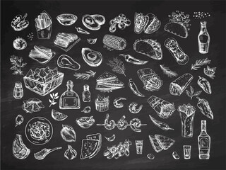 Hand-drawn set of realistic mexican dishes and products on chalkboard background. Vintage sketch drawings of Latin American cuisine. Vector ink illustration. Mexican culture. Latin America.