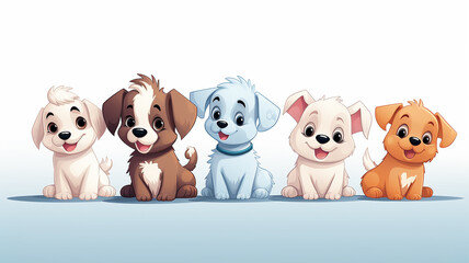 a group of cute cartoon dogs are sitting in a row isolated on a white background