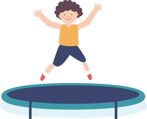 Young boy jumping happily on a trampoline, joyful kid having fun outdoors. Childhood playtime and active recreation vector illustration.