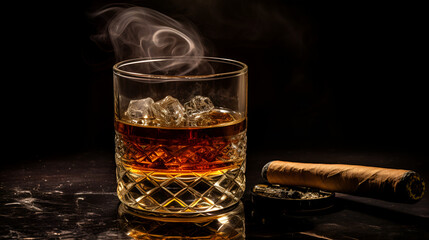 Whiskey with ice or brandy in glass with cigar on black background.  ai generartive