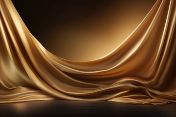 Elegant golden satin fabric flowing with smooth waves on the dark product presentation performance stage, luxurious textile background with copy space.