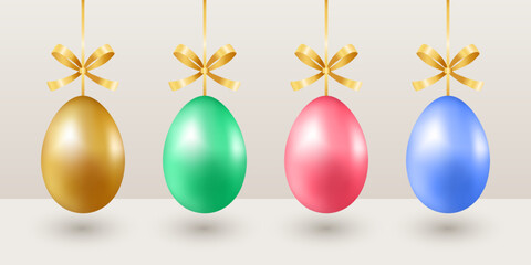 Set of Easter colorful eggs with golden bows. Gold, green, pink and blue eggs. Happy easter.
