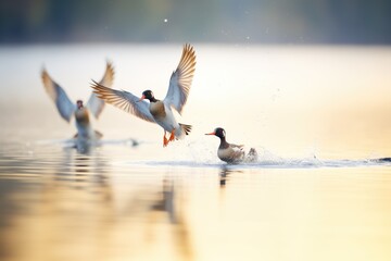 ducks diving for food in the first light of day