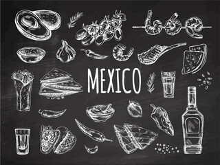 Hand-drawn set of realistic mexican dishes and products on chalkboard background. Vintage sketch drawings of Latin American cuisine. Vector ink illustration. Mexican culture. Latin America.