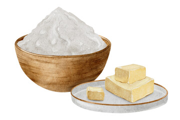 Flour in a wooden bowl, Butter. Baking ingredients. Dough preparation. Baker. Watercolor illustration. Isolated. Culinary clipart for food blogs, design of labels and packaging of good, cards