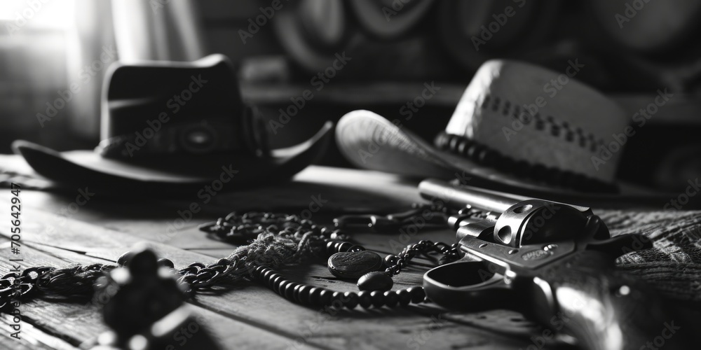 Aufkleber a wooden table with a hat and a pair of scissors. can be used for fashion design or diy projects