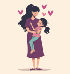 Asian mother hugging young daughter, both smiling, warm family moment with hearts background. Mother s love and child comfort vector illustration.