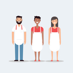 Fototapeta premium Three multicultural chefs smiling together in uniform. Teamwork in the kitchen with diverse staff. Hospitality industry workers vector illustration.