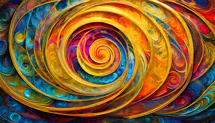 energetic composition featuring a multitude of colors in a swirling gold circle, evoking a sense of movement and excitement
