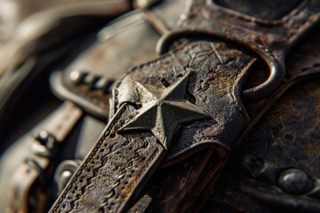 A detailed close-up shot of a leather belt featuring a star-shaped embellishment. This versatile accessory can add a touch of style to any outfit