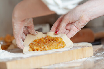 Female hands folding a sheet of dough with filling....