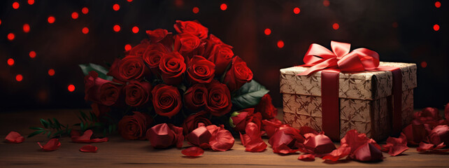 Gift box, bouquet of fresh roses and festive red hearts on dark background. Gift concept for Valentine Day, Wedding or Birthday, flat lay