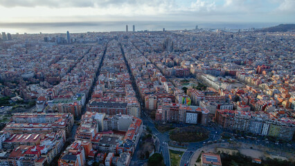Aerial around the city Barcelona on an early sunny day in  spring.