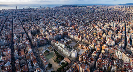 Aerial around the city Barcelona on an early sunny day in  spring.