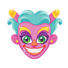 Colorful cartoon joker face with a wide grin and playful expression. Festive clown character for party and celebration themes. Joyous entertainer design vector illustration.