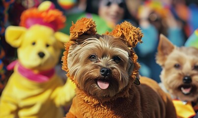 illustration of a cute yorkie as a brown bear at a carnival party - obrazy, fototapety, plakaty