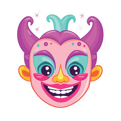 Colorful cartoon jester face with a big smile, twinkling eyes, and curly hair. Festive clown character, joyful expression. Cheerful mascot, carnival theme vector illustration.