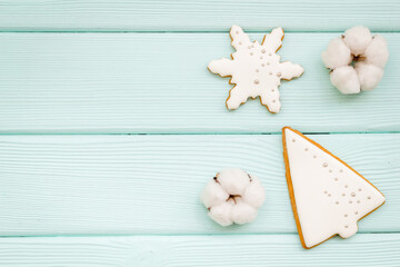 White Christmas gingerbread cookies. New Year background