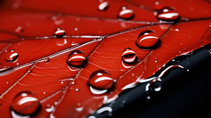 Water drops on polished car paint with red leafs. ai generative