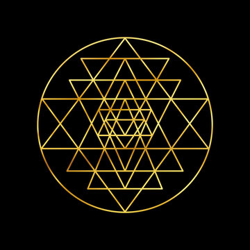 Sri yantra gold symbol isolated on black background. Sacred geometry golden symbol