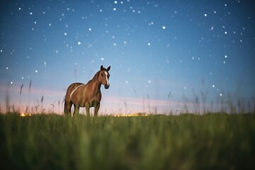 horse in pasture with a clear, starry night sky