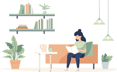 Woman reading book on sofa in cozy room with bookshelves and plants. Relaxing at home, comfortable leisure time vector illustration.