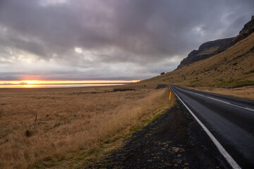 Coastal road and a sunset, south Iceland