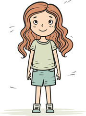 Young girl standing with a smile, casual clothing, happy child. Cute cartoon of a cheerful little girl, kid's fashion vector illustration.