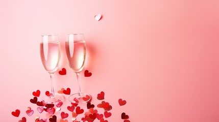 Two glasses. Two clinking champagne glasses with splashes of red heart-shaped confetti. Overhead view, copy space. Valentine's Day concept. - obrazy, fototapety, plakaty