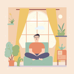Man meditating in living room, sitting cross-legged on sofa, calm and peaceful ambiance. Relaxation at home, mindfulness practice vector illustration.