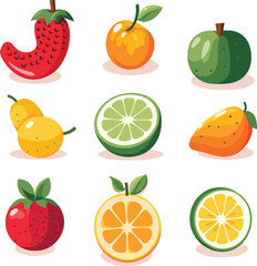 Set of colorful tropical fruits with flat design. Juicy watermelon, orange, lime, and strawberry. Healthy eating and vegetarian food vector illustration.