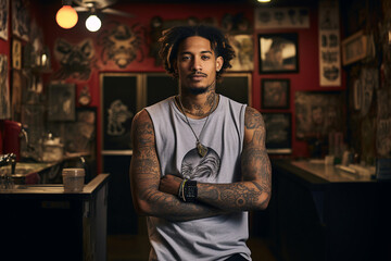Picture of confident tattooed modern man in bar made with generative ai