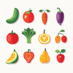 Colorful collection of various vegetables and fruits, flat design. Assorted healthy food icons, cartoon style. Nutrition and diet concept vector illustration.