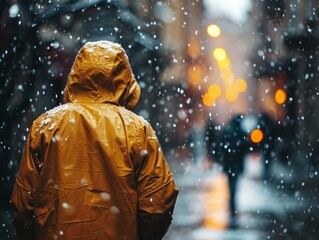A person in a yellow jacket standing in snowfall, with city traffic blurred in the background.
