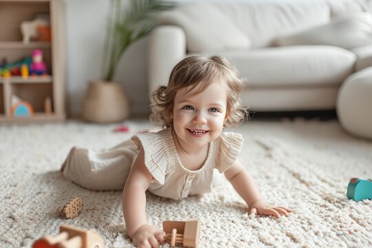 A girl with toys all around her plays on the carpet in the living room, Generative AI.