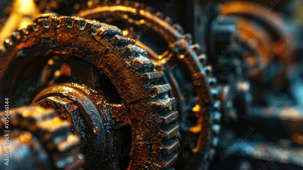 Poster A detailed view of a machine with multiple gears. This image can be used to depict precision engineering, industrial processes, or the inner workings of a mechanical system
