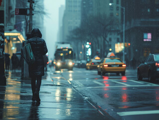 A person in a black jacket walking in the rain, with city traffic blurred in the background.