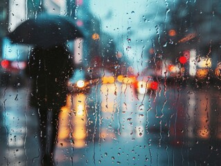 A view of a street through a rainy window. 