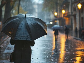 Person walking under an umbrella on a rainy street with glowing street lights and wet reflections.
