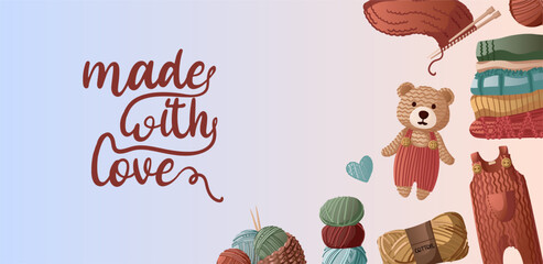 Knitting business card. Made with Love inscription. Knitted items.