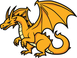 Orange dragon cartoon character with wings and tail. Fantasy creature design. Mythical animal, fire dragon drawing vector illustration.