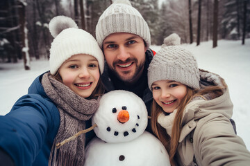 Fototapeta premium Happy children family making funny snowman outdoors spend weekend leisure outside Generative AI