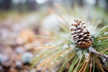 Naklejka na ściany i meble frost on pine needles and cones on trail side