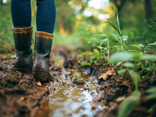 Obraz premium Person in green rain boots stepping into a water puddle, surrounded by fresh greenery and splashing water drops.