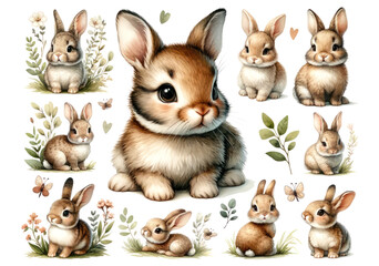 set of watercolor cute rabbits isolated on transparent background