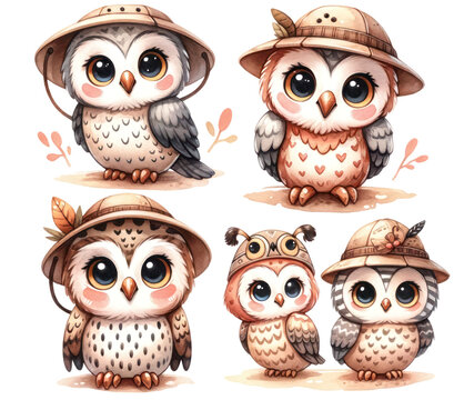 set of watercolor cute   owl isolated on transparent background