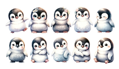 set of watercolor cute  Penguins isolated on transparent background