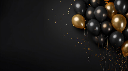 Obraz na płótnie Canvas Party Elegance: Festive Black and Golden Balloons with Confetti on Glittering Dark Background