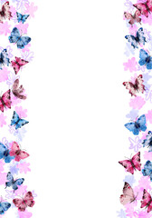 Spring watercolor floral background with butterflies. Digitally hand painted PNG transparent illustration