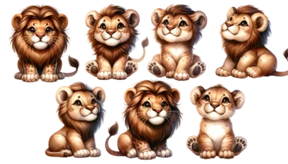 Fotobehang set of watercolor cute safari lion isolated on transparent background © Nisit